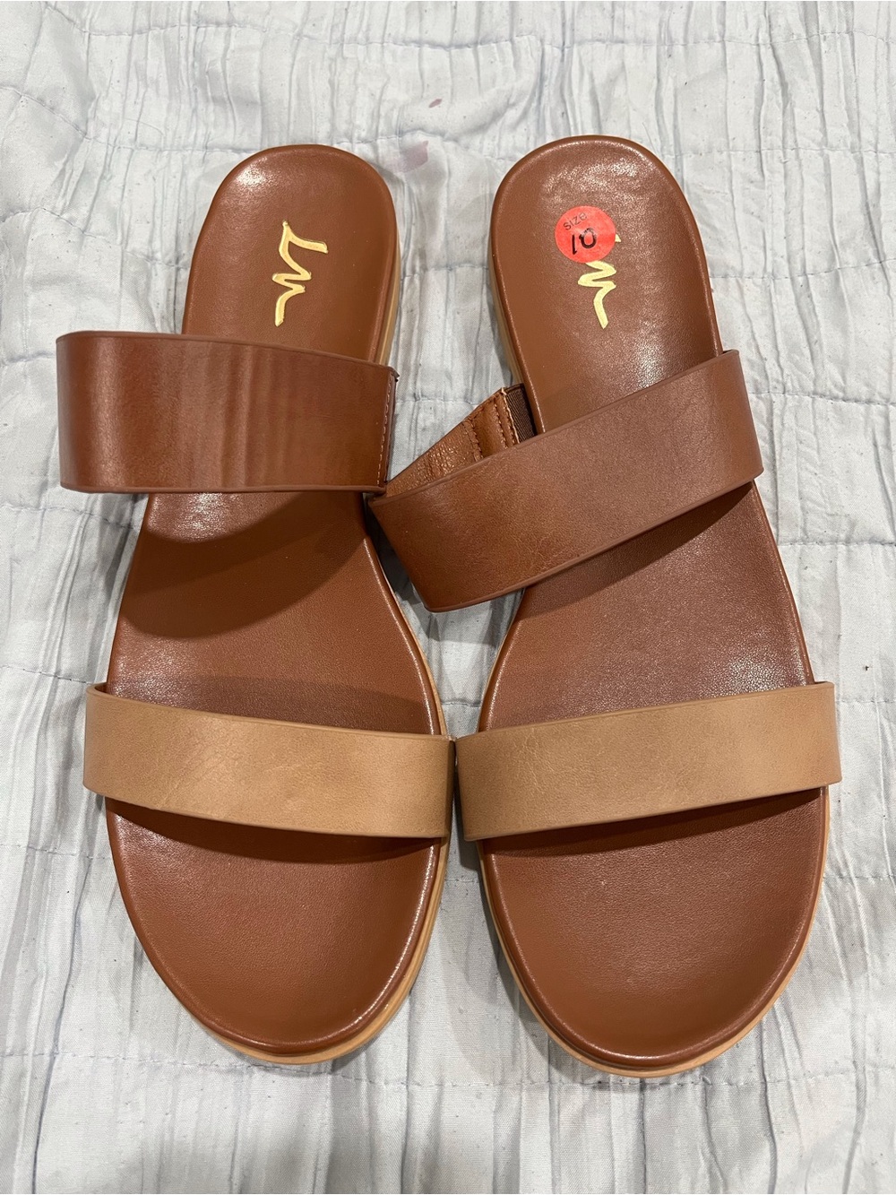 Women's Two-Band Brown and Tan Slide Sandals